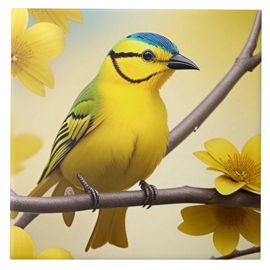 Heldergele zangvogel neergestreken op een tak tegeltje (Voorkant)