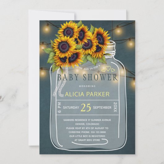 Heldergele zonnebloemen mason pot baby shower kaart (Voorkant)
