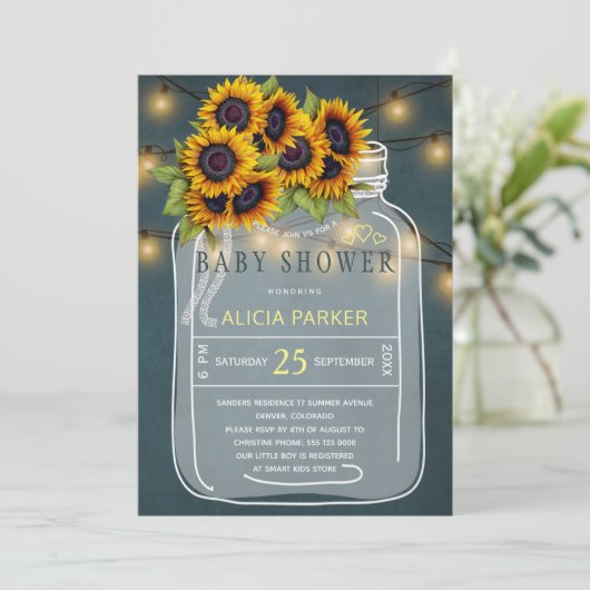 Heldergele zonnebloemen mason pot baby shower kaart (Staand voorkant)