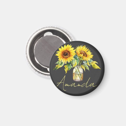 Heldergele zonnebloemen op zwarte minimalistische magneet (Voorkant / Achterkant)