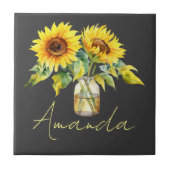 Heldergele zonnebloemen op zwarte minimalistische  tegeltje (Voorkant)