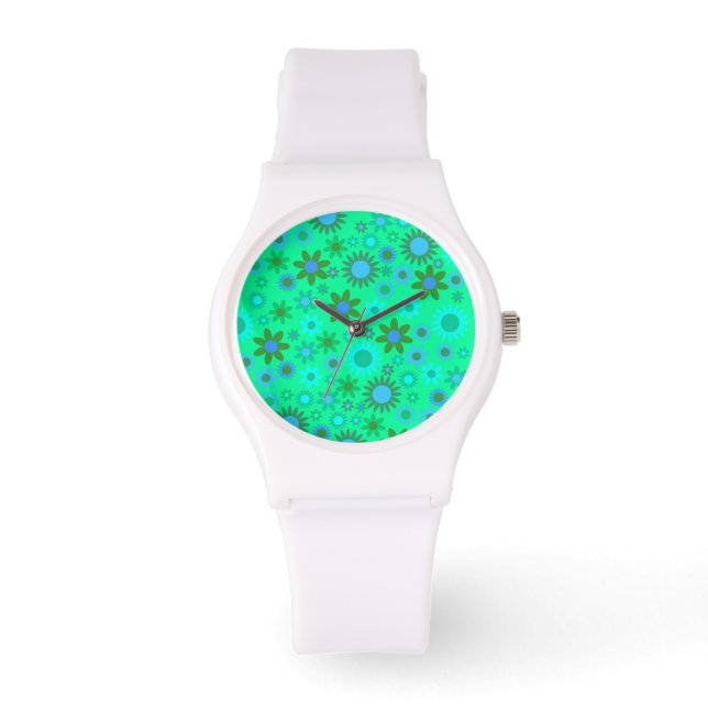 Heldergroen Flower Power-patroon Horloge (Voorkant)