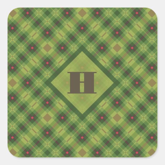 Heldergroen geblokte Plaid Preppy Monogram Vierkante Sticker (Voorkant)