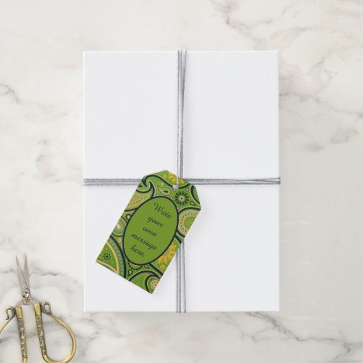 Heldergroen paisleypatroon aangepaste tekst cadeaulabel (Met Touw)