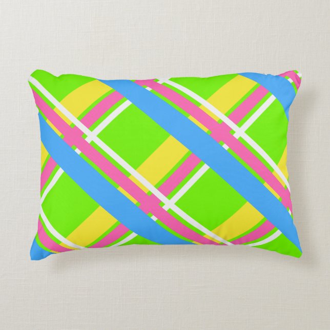 Heldergroen, roze, geel en blauw geplakt tas accent kussen (Voorkant)