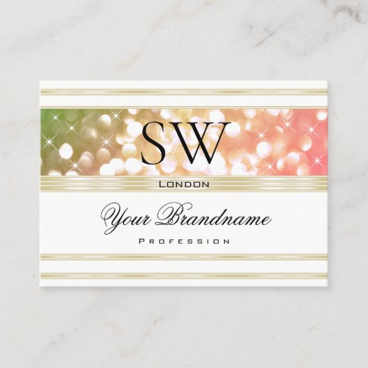 Heldergroen Roze Glitter Wit en Goud Monogram Visitekaartje (Voorkant)