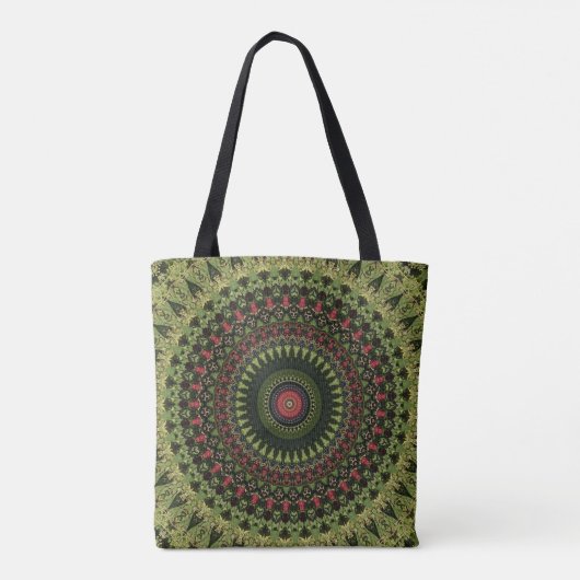 Heldergroen zwart en rood Mandala Retro Design Tote Bag (Achterkant)