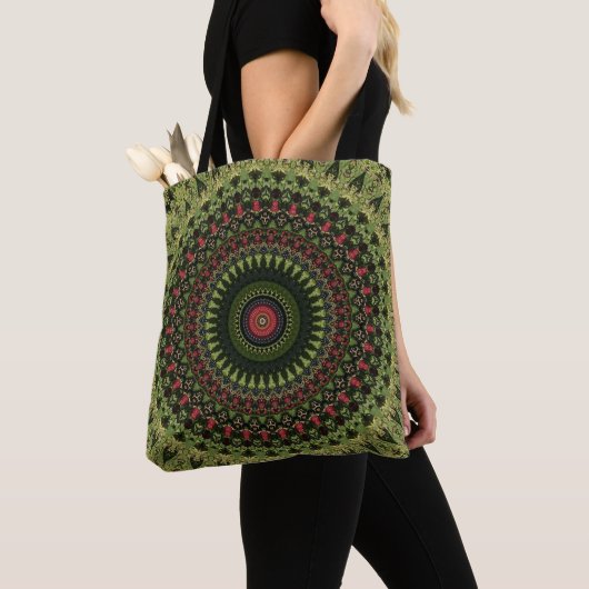 Heldergroen zwart en rood Mandala Retro Design Tote Bag (Dichtbij)