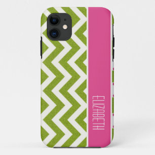 Heldergroene Chevron, roze streep iPhone 11 Hoesje