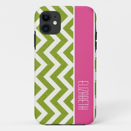 Heldergroene Chevron, roze streep Case-Mate iPhone Case (Achterkant)