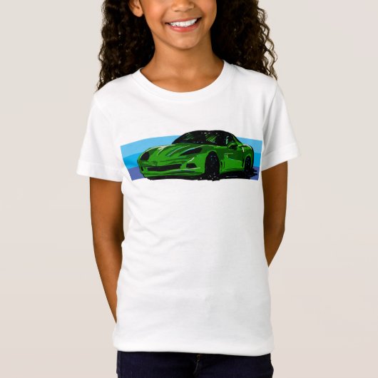 Heldergroene Corvette C6 met blauwe strepen T-shirt (Voorkant)