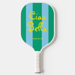 Heldergroene en blauwe strepen   Ciao Bella Pickleball Paddle