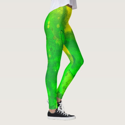 Heldergroene en gele Grunge Art Leggings (Rechts)