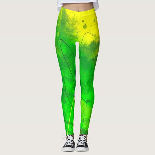 Heldergroene en gele Grunge Art Leggings (Voorkant)