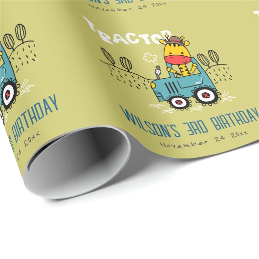 Heldergroene Giraffe in Boerderij Tractor Boys Ver Cadeaupapier (Rol Hoek)