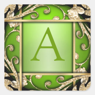 Heldergroene goudstaven monogram envelop vierkante sticker
