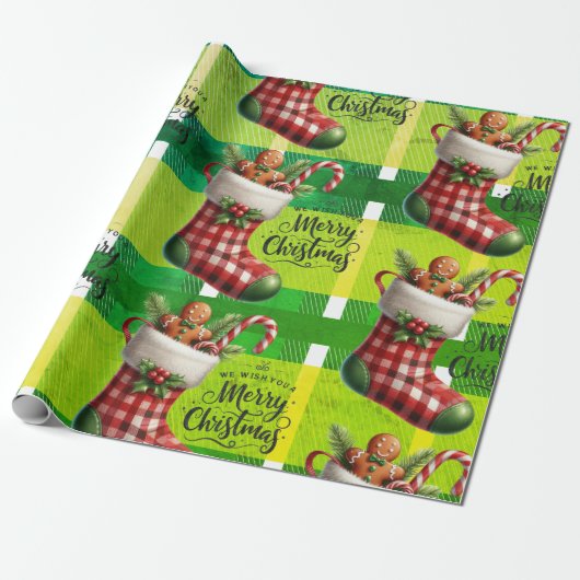 Heldergroene kerst geruite kerst gingerbread  cadeaupapier (Uitgerold)