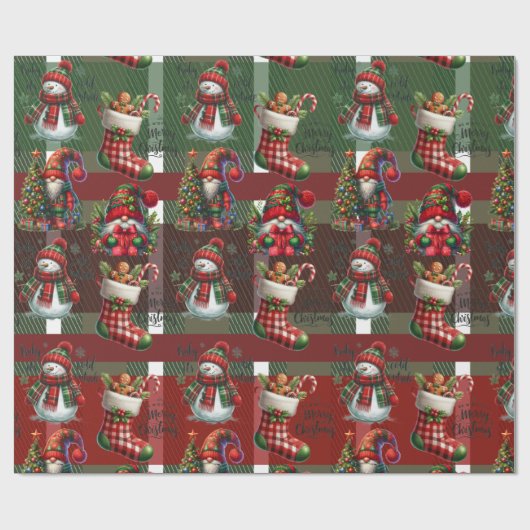 Heldergroene Kerst Plaid Gingerbread Gnome Cadeaupapier (Vlak)