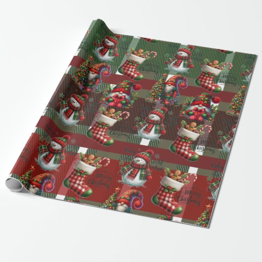 Heldergroene Kerst Plaid Gingerbread Gnome Cadeaupapier (Uitgerold)