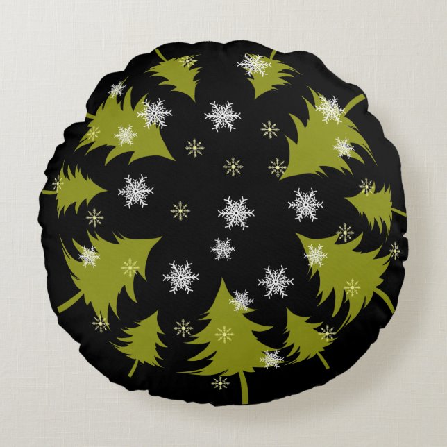 Heldergroene kerstbomen op zwarte achtergrond rond kussen (Voorkant)
