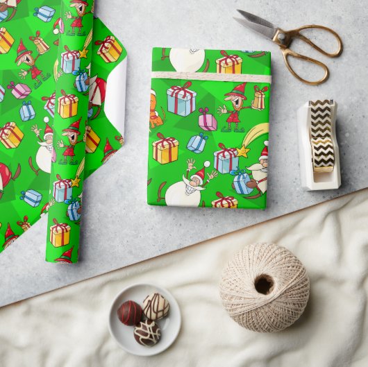 Heldergroene Kerstman & Elfen Kerstmis Cadeaupapier (Crafts)
