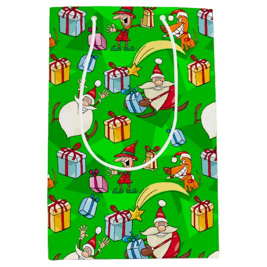 Heldergroene Kerstman & Elfen Kerstmis Medium Cadeauzakje (Voorkant)