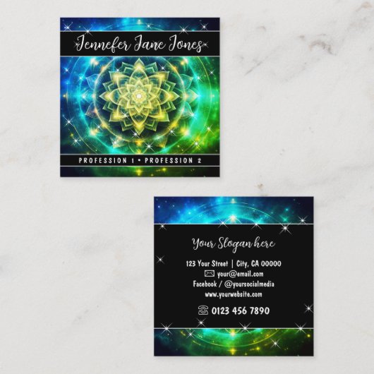 Heldergroene Mystic Floral Nebula Glitter Sterren Vierkante Visitekaartje (Voorkant / Achterkant)