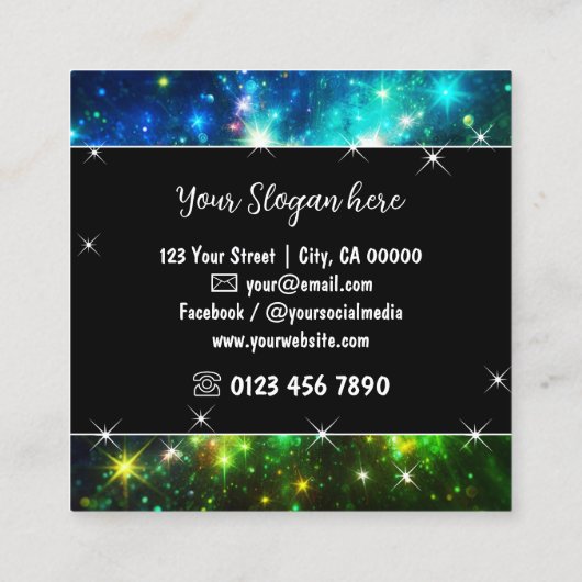 Heldergroene Mystic Sky Nebula Glitter Sterren Vierkante Visitekaartje (Achterkant)