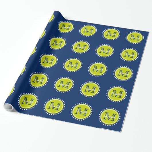 Heldergroene poka Dot Monogram op marineblauw Cadeaupapier (Uitgerold)