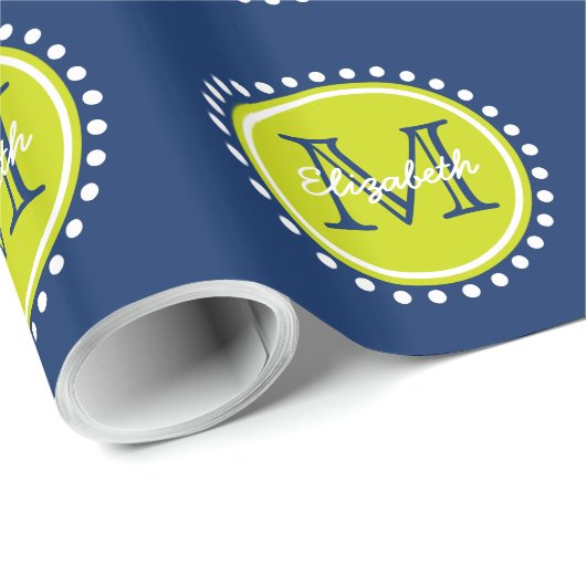 Heldergroene poka Dot Monogram op marineblauw Cadeaupapier (Rol Hoek)