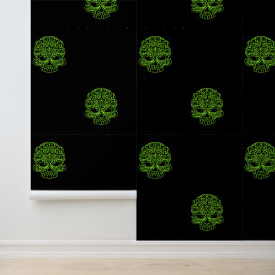 Heldergroene Sugar Skulls op zwart Behang