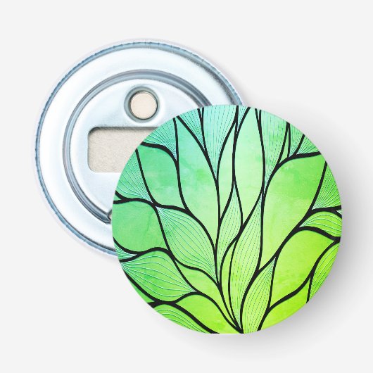 Heldergroene tinten creatief verlofpatroon button flesopener (Voorkant)