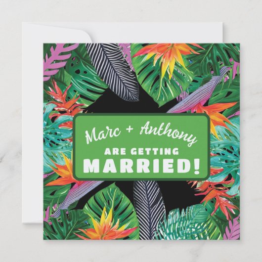 Heldergroene tropische jungle bestemmingshuwelijk save the date (Voorkant)