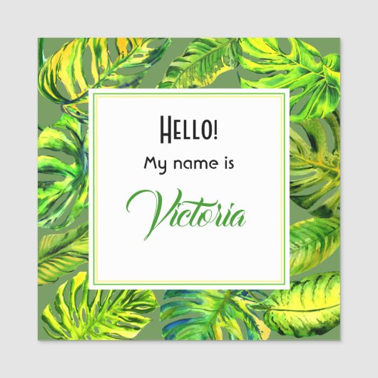 Heldergroene Waterverf palmbladeren Groot vierkant Naamplaatje (Voorkant)