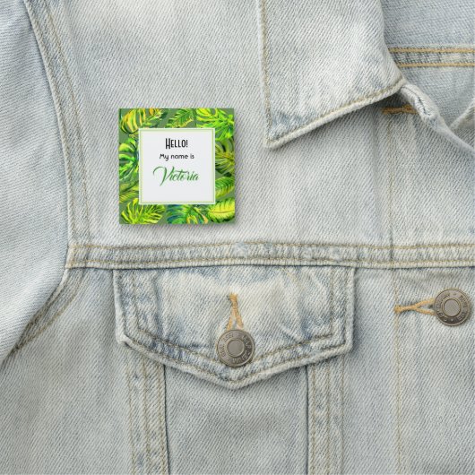 Heldergroene Waterverf palmbladeren Groot vierkant Naamplaatje (In situ)