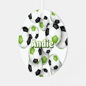 Heldergroene zwarte voetballen sport keepsake metalen ornament (Voorkant links)