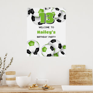 Heldergroene zwarte voetballen verjaardagsfeestje poster
