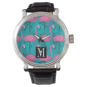 Helderheid Flamingo patroon   Voeg je Initiaal toe Horloge