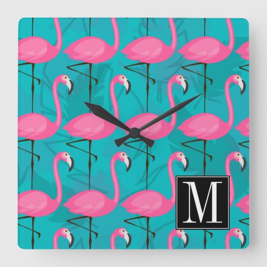 Helderheid Flamingo patroon | Voeg je Initiaal toe Vierkante Klok (Voorkant)