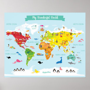 Helderheid Kinder Wereldkaart met illustraties Poster