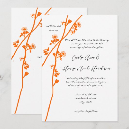 Helderheid over Oranje Wilde Flower Branch Wedding Kaart (Voorkant / Achterkant)