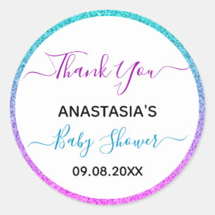 Helderkleurig blauw Paars Dank u Baby shower Ronde Sticker