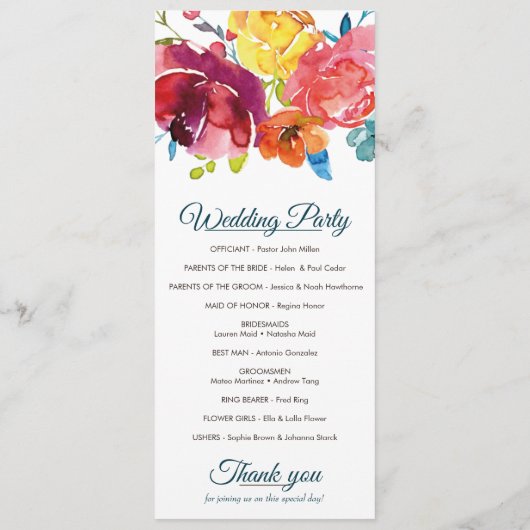 Helderkleurig bloemetjesweddenschap programmakaart (Achterkant)