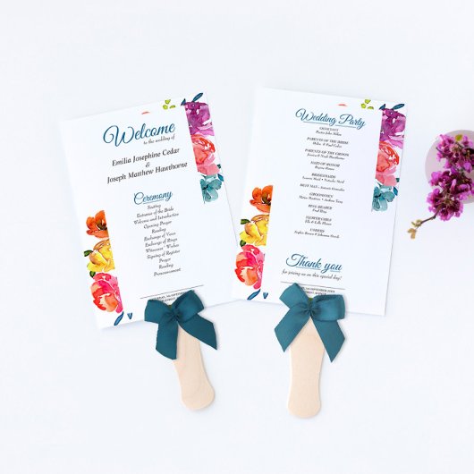 Helderkleurig floral Wedding Program Fan Handwaaier