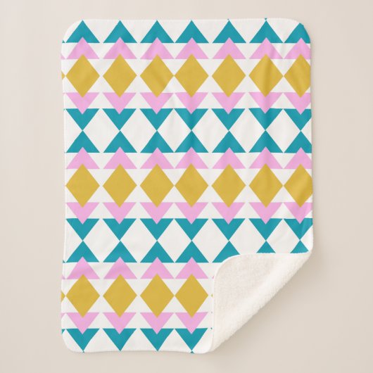 Helderkleurig geometrisch patroonroze en blauw sherpa deken (Voorkant)
