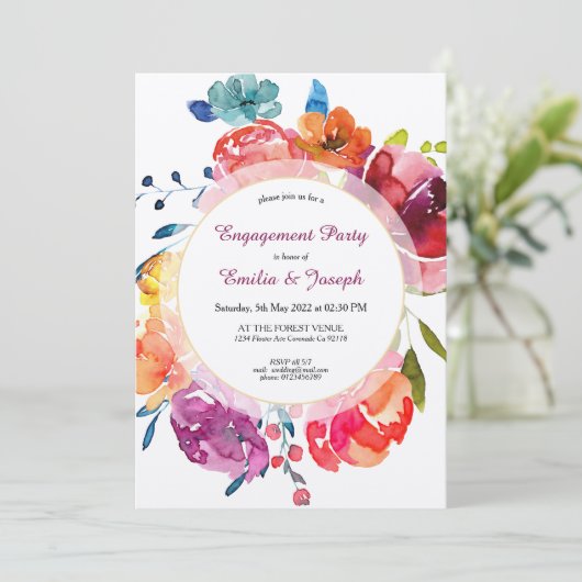 Helderkleurig paars floreel Verloving Kaart (Staand voorkant)