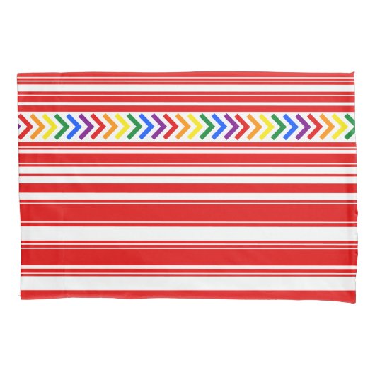 Helderkleurig patroon op rood en wit streep kussensloop (Voorkant-Links)