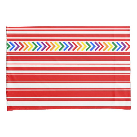 Helderkleurig patroon op rood en wit streep kussensloop (Voorkant-Rechts)