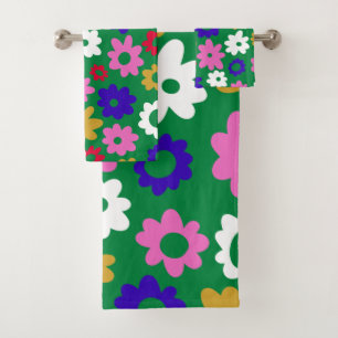 Helderkleurig Scandinavisch bloempatroon groen Bad Handdoek
