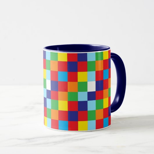 Helderkleurig vierkant vierkant patroon blauw rood mok (Voorkant rechts)